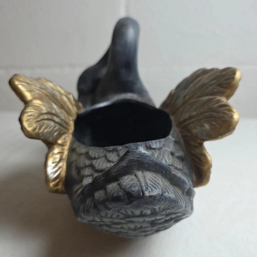 Vintage Style Charcoal Grey and Gold Swan Planter Decorative Glam